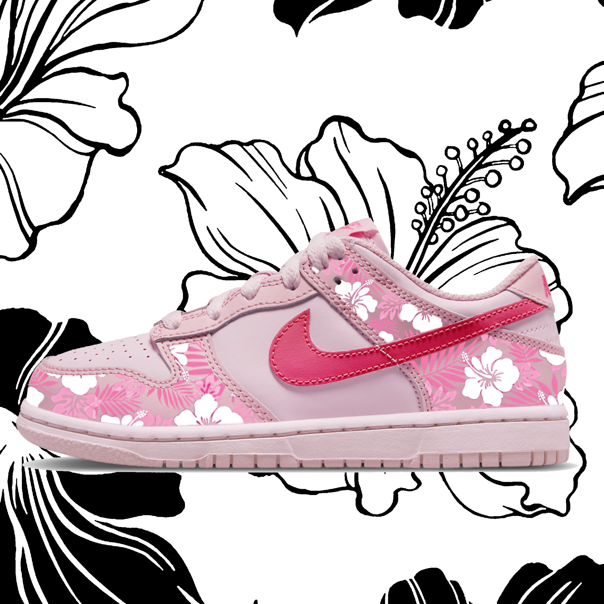 SB Dunk Low Triple Pink Hibiscus Custom Paint Leather Sneakers