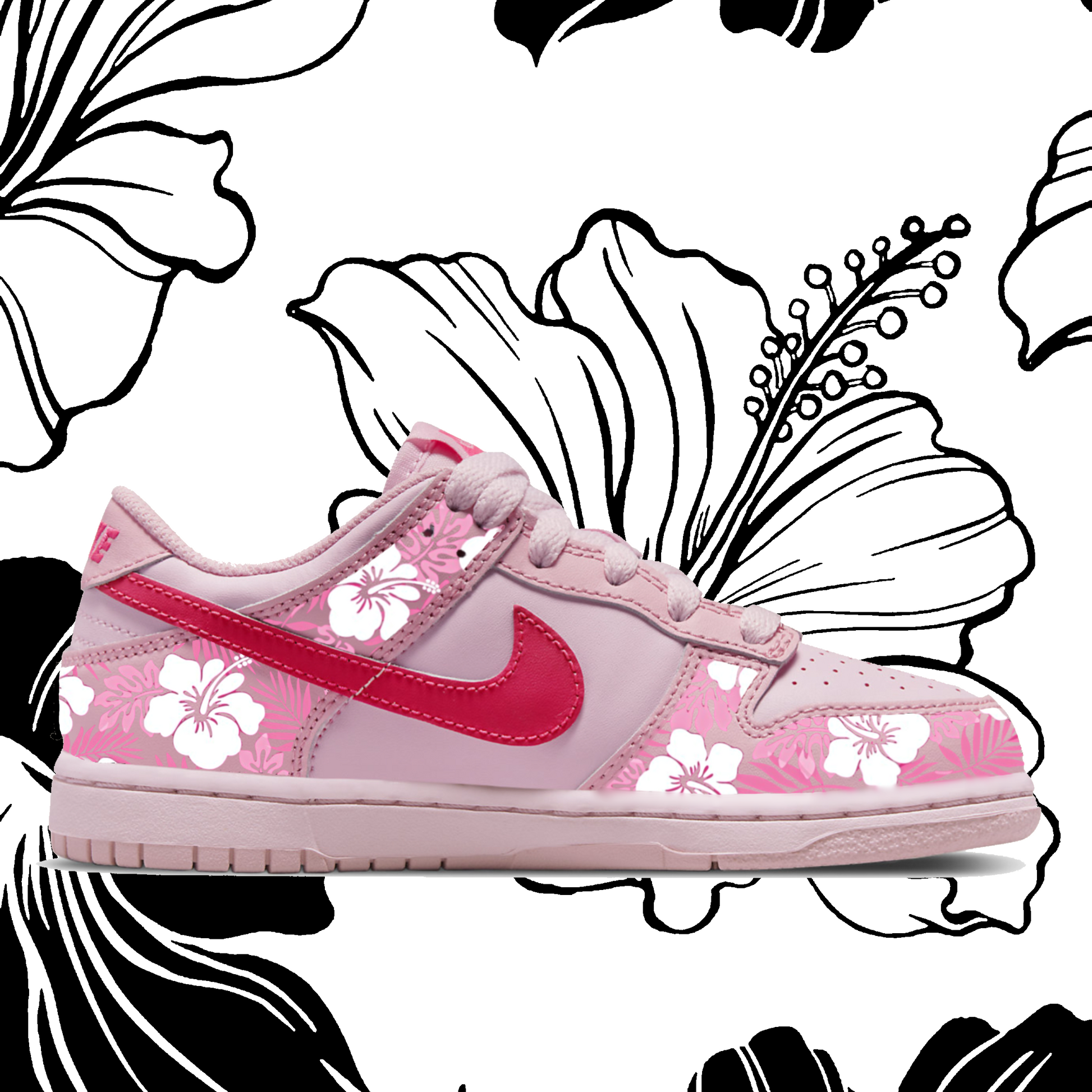 SB Dunk Low Triple Pink Hibiscus Custom Paint Leather Sneakers