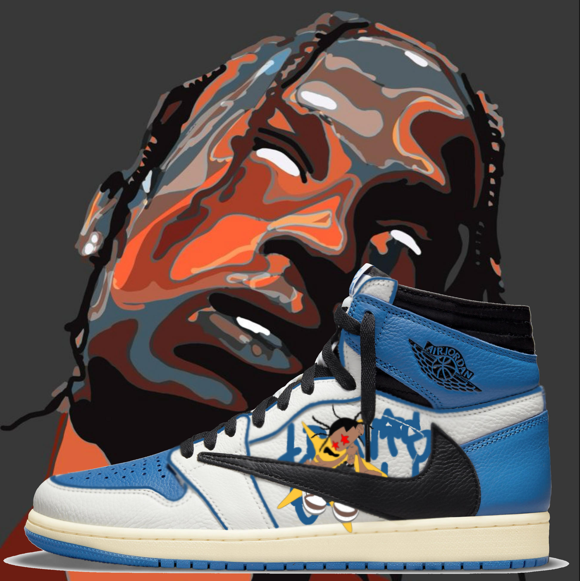 Air Jordan 1 Retro High OG × Travis Scott Fragment Blue Pin Line Custom Paint Sneakers