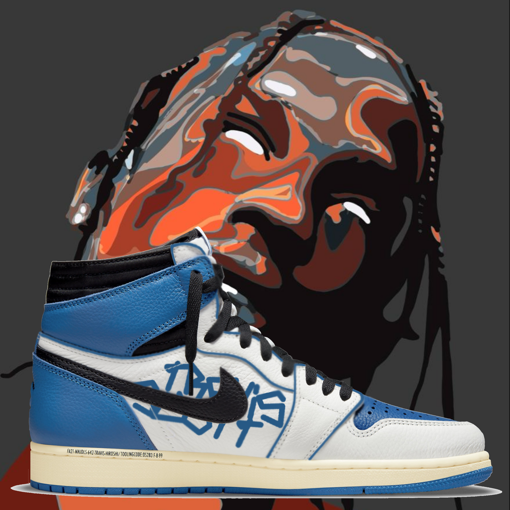 Air Jordan 1 Retro High OG × Travis Scott Fragment Blue Pin Line Custom Paint Sneakers